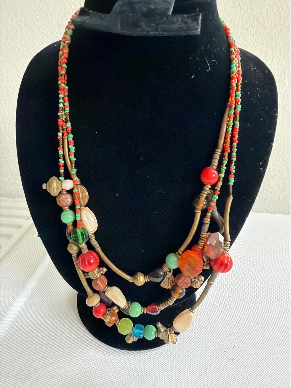 Vtg Brass and Glass Bead Necklace Multi-Strand Boho Chunky Mixed Media Artisan